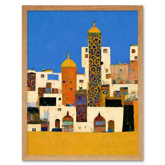 "Artery8 Wall Art Print Moroccan Cityscape Buildings Klimt Style Bold Art Framed in Light Oak - Size: W12"" x H16""" - image 1