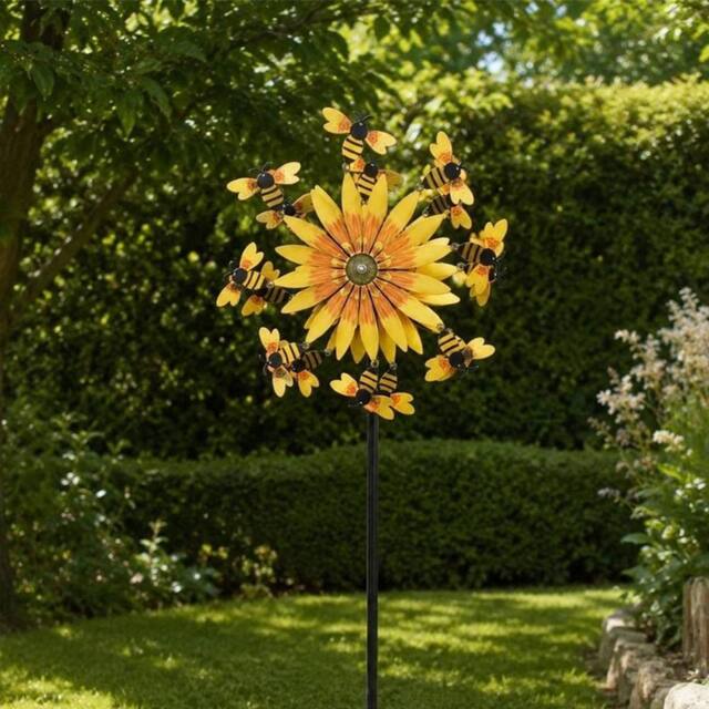 FLAVORA Bee & Sunflower Garden Spinner Metal Spike Outdoor in Yellow - Size: 0.6m2 - image 1