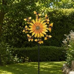 FLAVORA Bee & Sunflower Garden Spinner Metal Spike Outdoor in Yellow - Size: 0.6m2
