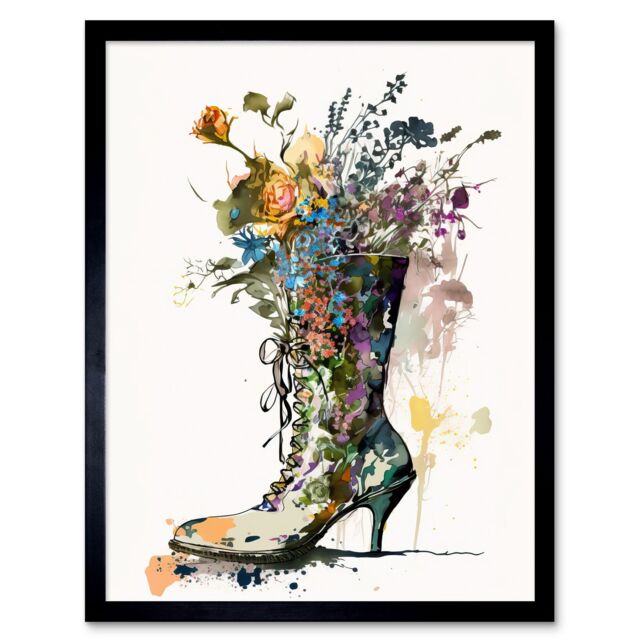 "Artery8 Wall Art Print Spring Wildflower Bouquet in High Heel Floral Boot Art Framed in Black - Size: W12"" x H16""" - image 1