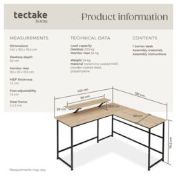 tectake Desk Melrose - Corner Desk With A Movable Monitor Stand in Light Oak - thumbnail 6