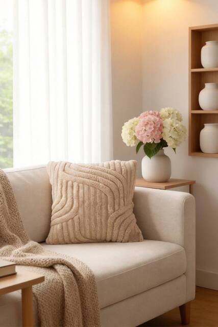 Living and Home 3D Wave Textured Plush Throw Pillow Cover in Light Brown - image 1