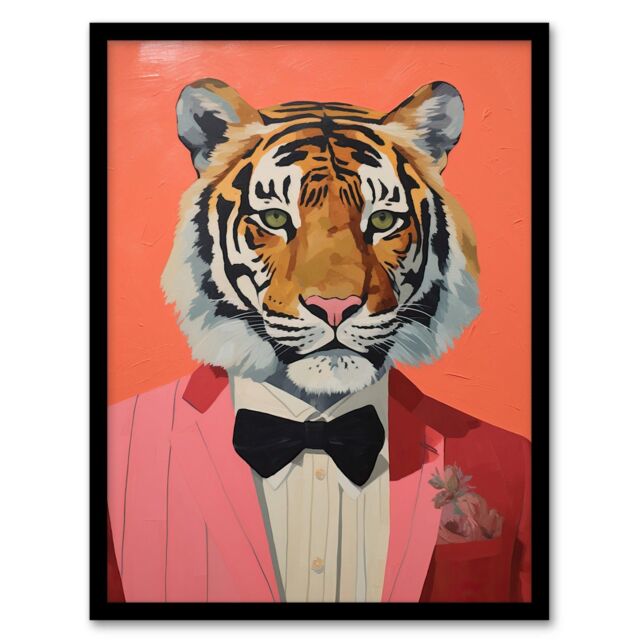 Wee Blue Coo Wall Art Print Dressed To Kill Tiger Animal Portrait Living Room Framed in Pink - Size: A4 - image 1