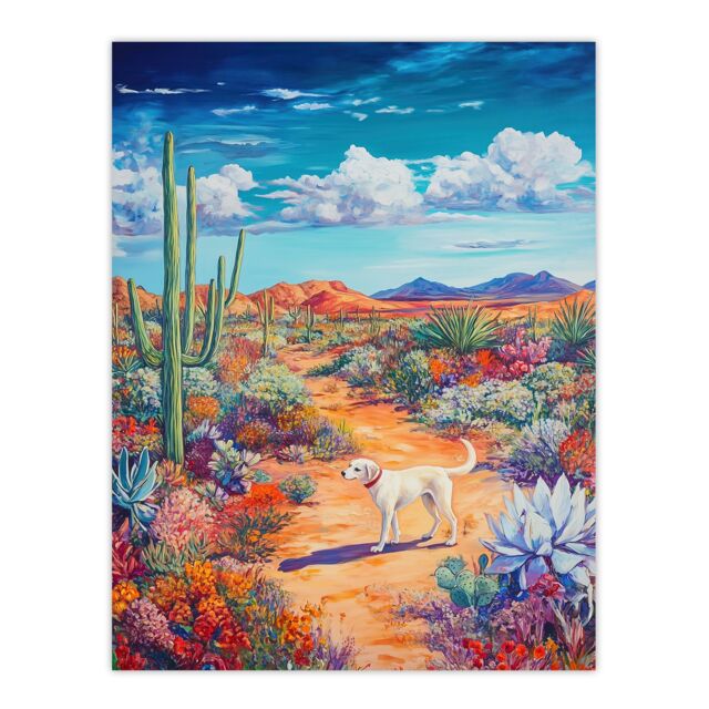 "Artery8 White Labrador in Blooming Cacti Oasis Dog Lover Wall Art Print - Size: W24"" x H32""" - image 1