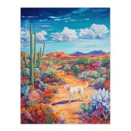 "Artery8 White Labrador in Blooming Cacti Oasis Dog Lover Wall Art Print - Size: W24"" x H32""" - thumbnail 1
