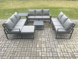 Fimous Aluminium 10 Seater Outdoor Garden Furniture Set Patio Lounge Sofa with Square Coffee Table Side Table Big Footstool Conservatory Set - thumbnail 2
