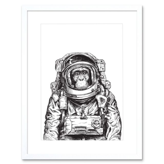 "Artery8 Wall Art Print Monkey Astronaut Art Black Framed 9x7 inch in White - Size: W7"" x H9""" - image 1