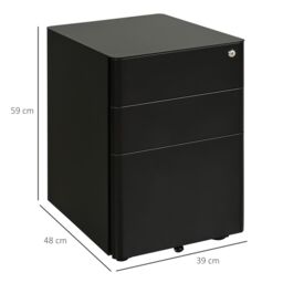 VINSETTO 3 Draw Metal Filing Cabinet Lockable 4 Wheels Compact Under Desk in Black - thumbnail 3