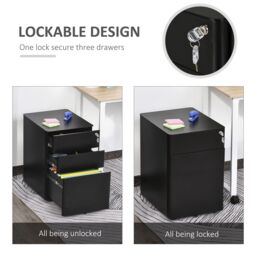 VINSETTO 3 Draw Metal Filing Cabinet Lockable 4 Wheels Compact Under Desk in Black - thumbnail 4