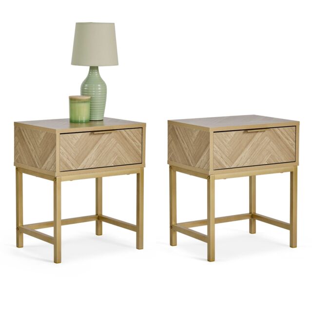 VonHaus Ducie 1 Drawer Herringbone Design Bedside Table Set of 2 in Brown - image 1