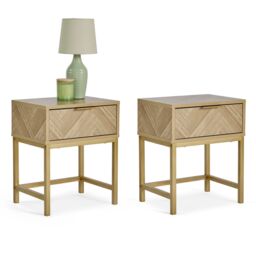 VonHaus Ducie 1 Drawer Herringbone Design Bedside Table Set of 2 in Brown
