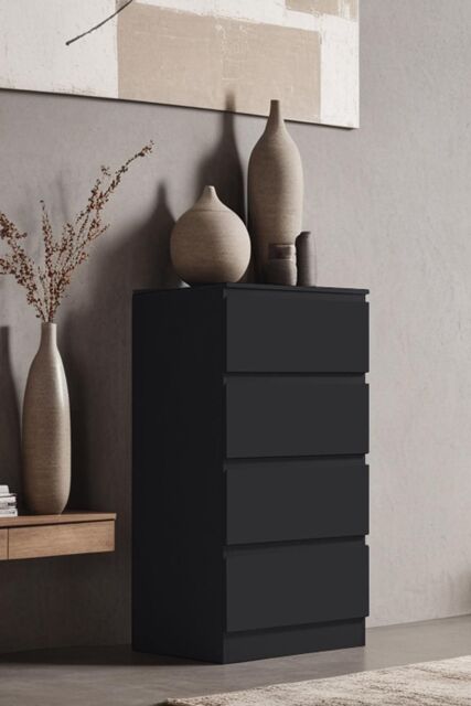 FWStyle 4 Drawer Matt Chest Of Drawers Bedroom Storage Tall Slim Space Saving in Black - image 1