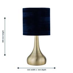 First Choice Lighting Romana - Antique Brass Touch Table Lamp with Blue Crushed Velvet Shade in Bronze - thumbnail 5