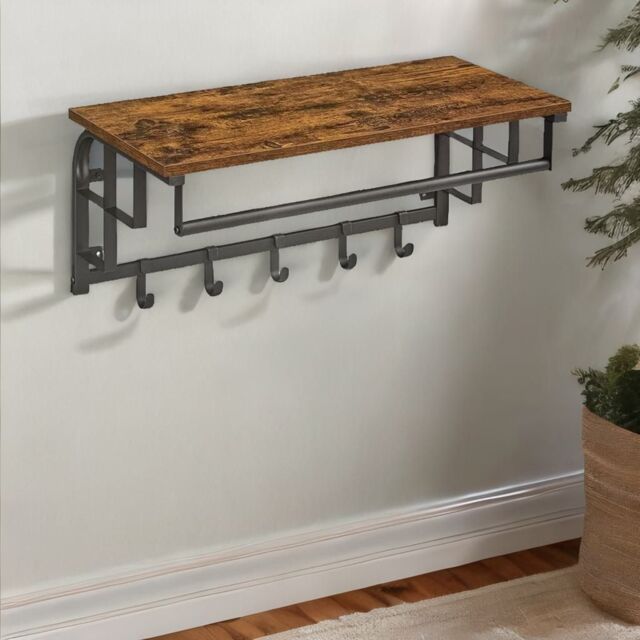 Rafaelo Mobilia Wall Mounted Floating Shelf With Hanging Rail & Hooks in Brown - image 1