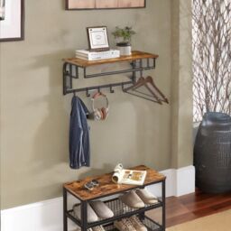 Rafaelo Mobilia Wall Mounted Floating Shelf With Hanging Rail & Hooks in Brown - thumbnail 2