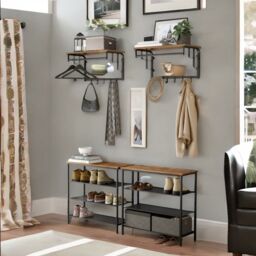 Rafaelo Mobilia Wall Mounted Floating Shelf With Hanging Rail & Hooks in Brown - thumbnail 4