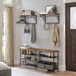 Rafaelo Mobilia Wall Mounted Floating Shelf With Hanging Rail & Hooks in Brown - thumbnail 3