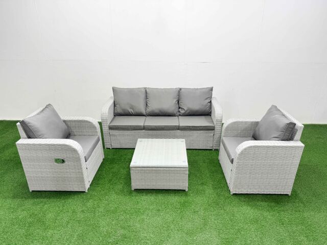 Fimous PE Rattan Garden Furniture Set Reclining Chair Sofa Lounge Sofa Set Square Coffee Table Light Grey - image 1
