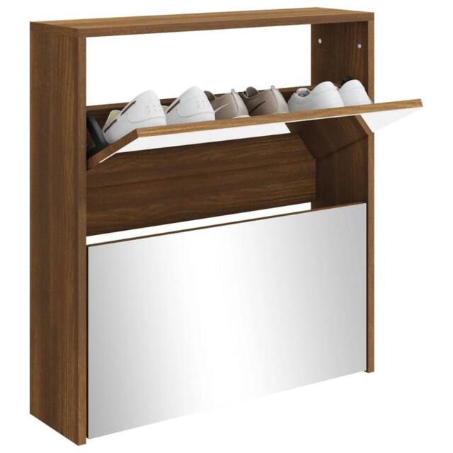 Berkfield Home Shoe Cabinet with Mirror 2-Layer Brown Oak 63x17x67 cm - Size: 63 x 17 x 67 cm - image 1