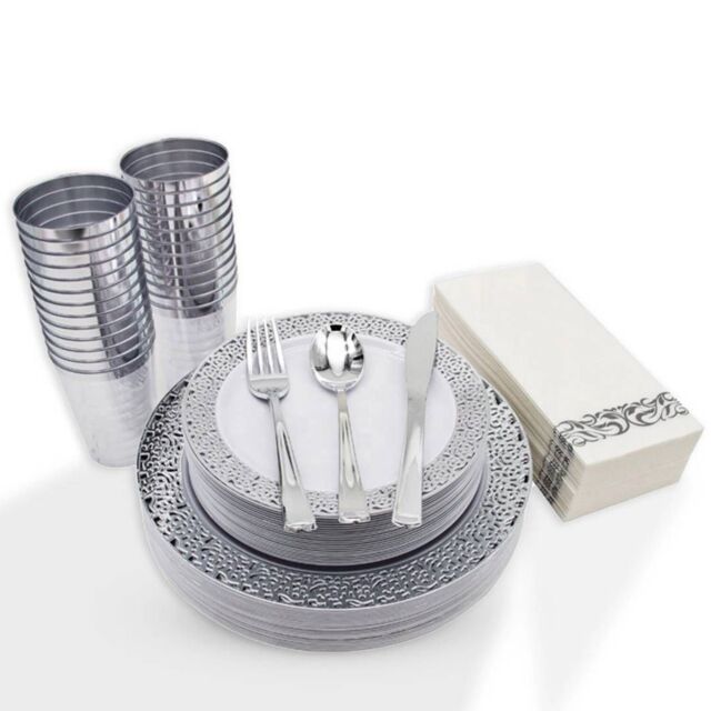 VOGREX 175pcs Disposable Dinnerware Dining set for 25 People in Silver - image 1