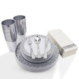 VOGREX 175pcs Disposable Dinnerware Dining set for 25 People in Silver - thumbnail 1