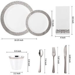VOGREX 175pcs Disposable Dinnerware Dining set for 25 People in Silver - thumbnail 2