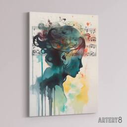 "Artery8 Woman Watercolour Portrait With Music Notes Canvas Wall Art Print - Size: W18"" x H24""" - thumbnail 2