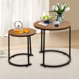 Alivio Set of 2 Round Nesting Coffee Table, Modern Side Tables for Bedroom, Living Room, Balcony in Brown - thumbnail 1