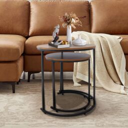 Alivio Set of 2 Round Nesting Coffee Table, Modern Side Tables for Bedroom, Living Room, Balcony in Brown - thumbnail 2