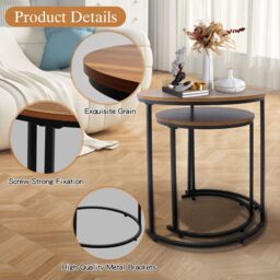 Alivio Set of 2 Round Nesting Coffee Table, Modern Side Tables for Bedroom, Living Room, Balcony in Brown - thumbnail 3