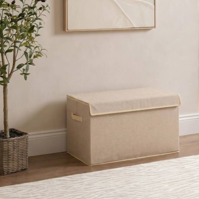 OHS Plain Foldable Fabric Storage Box Toy Organiser with Lid in Natural - Size: Large - image 1