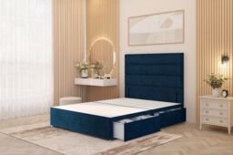 Somnior Chambery Divan Bed Frame 4 Draw with Floor Standing Headboard Velvet in Navy - Size: King