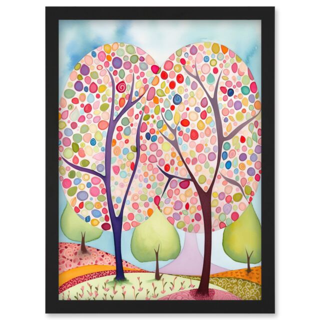 Artery8 Two Trees Blooming In Spring Folk Art Watercolour Painting Artwork Framed Wall Art Print A4 in Black - image 1