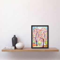 Artery8 Two Trees Blooming In Spring Folk Art Watercolour Painting Artwork Framed Wall Art Print A4 in Black - thumbnail 2