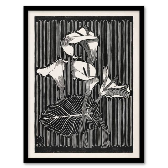 Artery8 Stylised Calla Lily Flowers De Mesquita Framed Wall Art Print in Black - Size: A4 - image 1