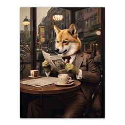 "Artery8 Shiba Inu Coffee Shop Cafe Reading Newspaper Formal Dress Extra Large XL Unframed Wall Art Poster Print - Size: W24"" x H32""" - thumbnail 1