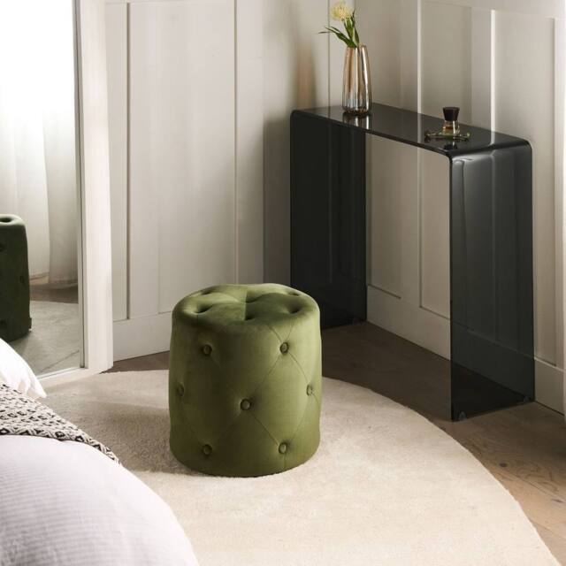 Wyld and Coco Olive Velvet Round Tufted Ottoman Pouffe 40 cm in Green - image 1