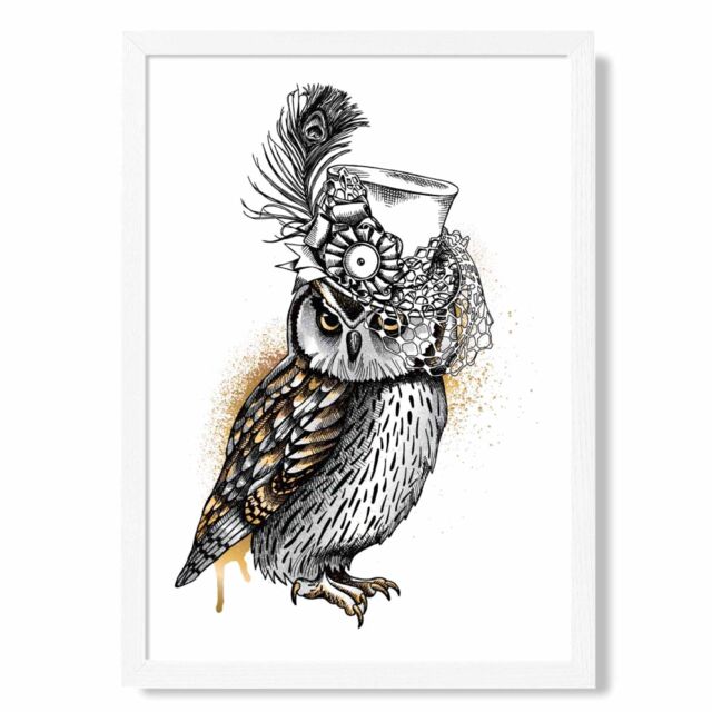 ARTZE Steam Punk Owl Sketch Framed Print SIZE: A4 with White Frame in Yellow - image 1