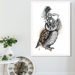 ARTZE Steam Punk Owl Sketch Framed Print SIZE: A4 with White Frame in Yellow - thumbnail 2
