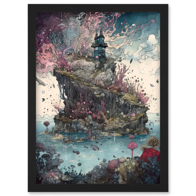 Artery8 Fantasy World Coastal Island Landscape Nymph House Magical Marine Life Flying Fish Seaweed Cloud Artwork Framed Wall Art Print A4 in Black - image 1