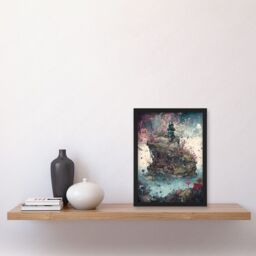 Artery8 Fantasy World Coastal Island Landscape Nymph House Magical Marine Life Flying Fish Seaweed Cloud Artwork Framed Wall Art Print A4 in Black - thumbnail 2