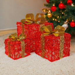 mysmartbuy Set of 3 Indoor or Outdoor LED Light Up Christmas Boxes with Timer - Battery Powered Gift Present Box Illuminated Xmas Decorations in Red - thumbnail 4
