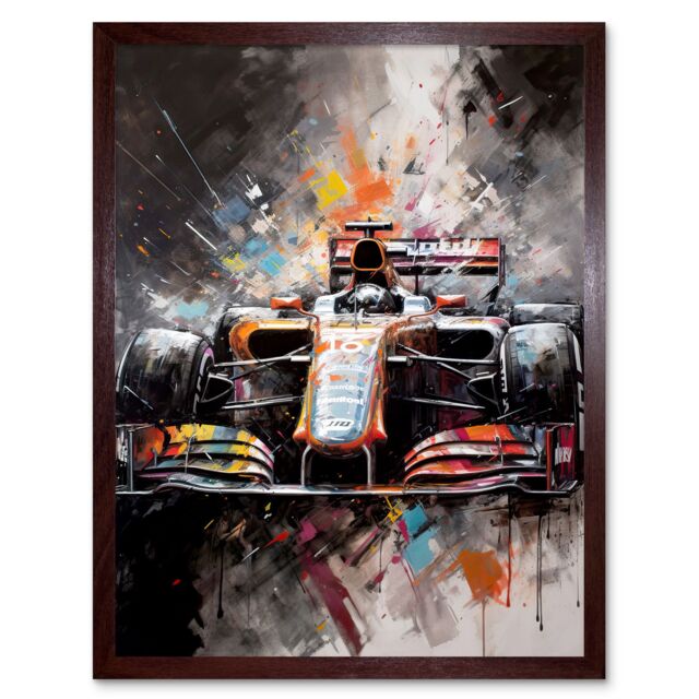 "Artery8 Wall Art Print Race Car Grand Prix Multicoloured Modern Art Framed in Brown - Size: W12"" x H16""" - image 1