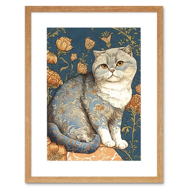 "Artery8 Wall Art Print Cute Cat with Floral Pattern Fur & Autumn Flower Blooms Art Nouveau Modern Artwork Framed 9X7 Inch in Beige - Size: W7"" x H9""" - image 1