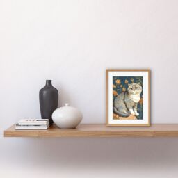 "Artery8 Wall Art Print Cute Cat with Floral Pattern Fur & Autumn Flower Blooms Art Nouveau Modern Artwork Framed 9X7 Inch in Beige - Size: W7"" x H9""" - thumbnail 2