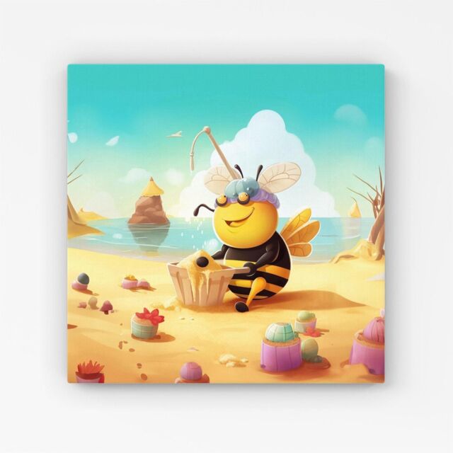 "Warren Reed - Designer Bumblebee On A Beach Holiday Canvas in Yellow - Size: W16"" x H16""" - image 1