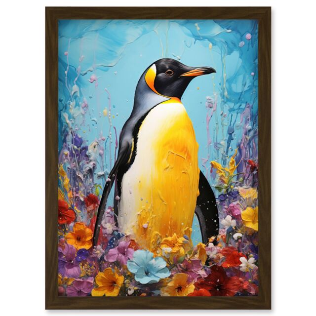 Artery8 Wall Art Print King Penguin in Colourful Floral Flowers Nest Thick Paint Oil Painting Yellow Black Blue Colourful Artwork Framed A4 in Brown - image 1