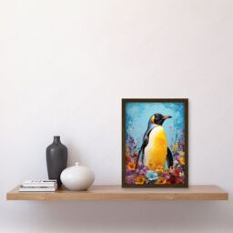 Artery8 Wall Art Print King Penguin in Colourful Floral Flowers Nest Thick Paint Oil Painting Yellow Black Blue Colourful Artwork Framed A4 in Brown - thumbnail 2