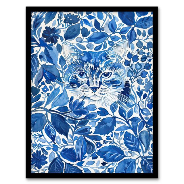 "Artery8 Cat Lover Floral Blue China Pattern Watercolour Framed Wall Art - Size: W12"" x H16""" - image 1