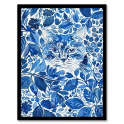 "Artery8 Cat Lover Floral Blue China Pattern Watercolour Framed Wall Art - Size: W12"" x H16""" - thumbnail 1